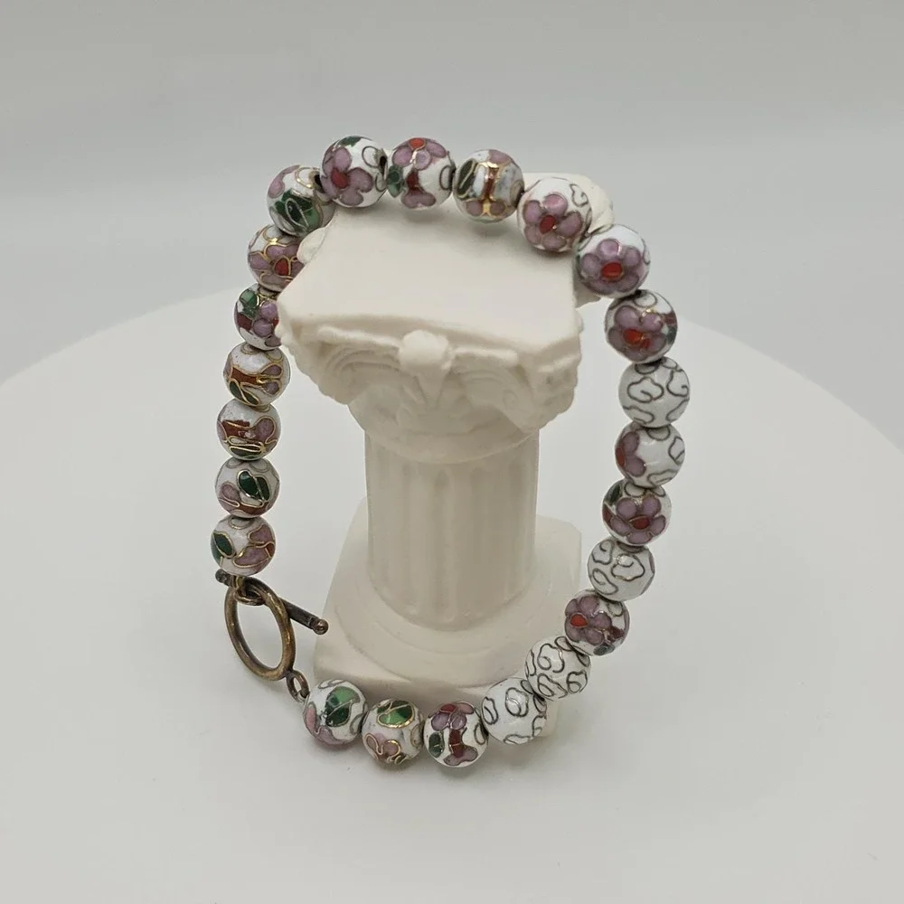 Vtg Authentic Chinese Cloisonné Bracelet Bead White Green‎ Enamel Floral 8